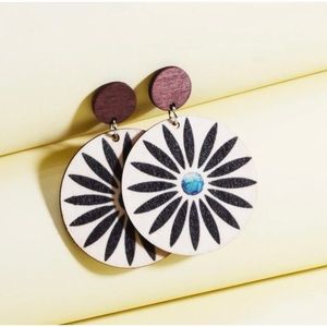 1 LEFT! Wood Flower Print Circle Earrings